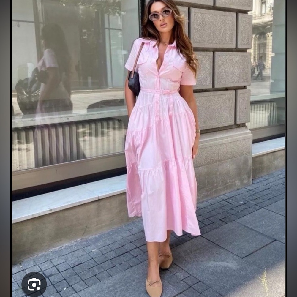Light Pink Poplin Tiered Hem Shirt Midi Dress Size S